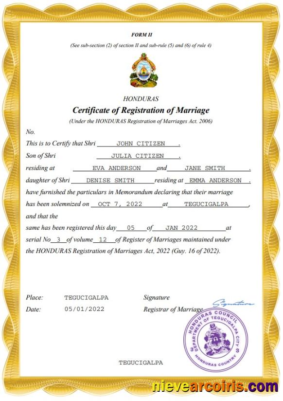 Honduras marriage certificate